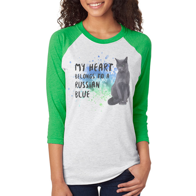 My Heart Belongs Russian Blue Cat Unisex Raglan T Shirt Men's T-Shirts Old Glory 2XL Envy/Heather White