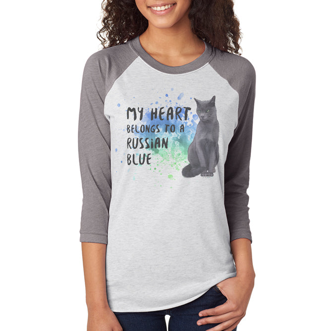 My Heart Belongs Russian Blue Cat Unisex Raglan T Shirt Men's T-Shirts Old Glory 2XL White