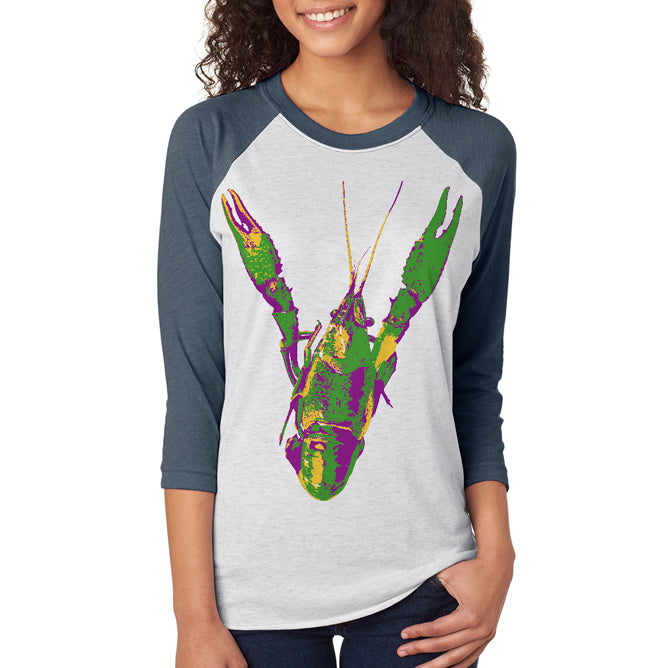 Mardi Gras Cajun Crawfish Unisex Raglan T Shirt Men's Raglans Old Glory 2XL Indigo Heather-Heather White