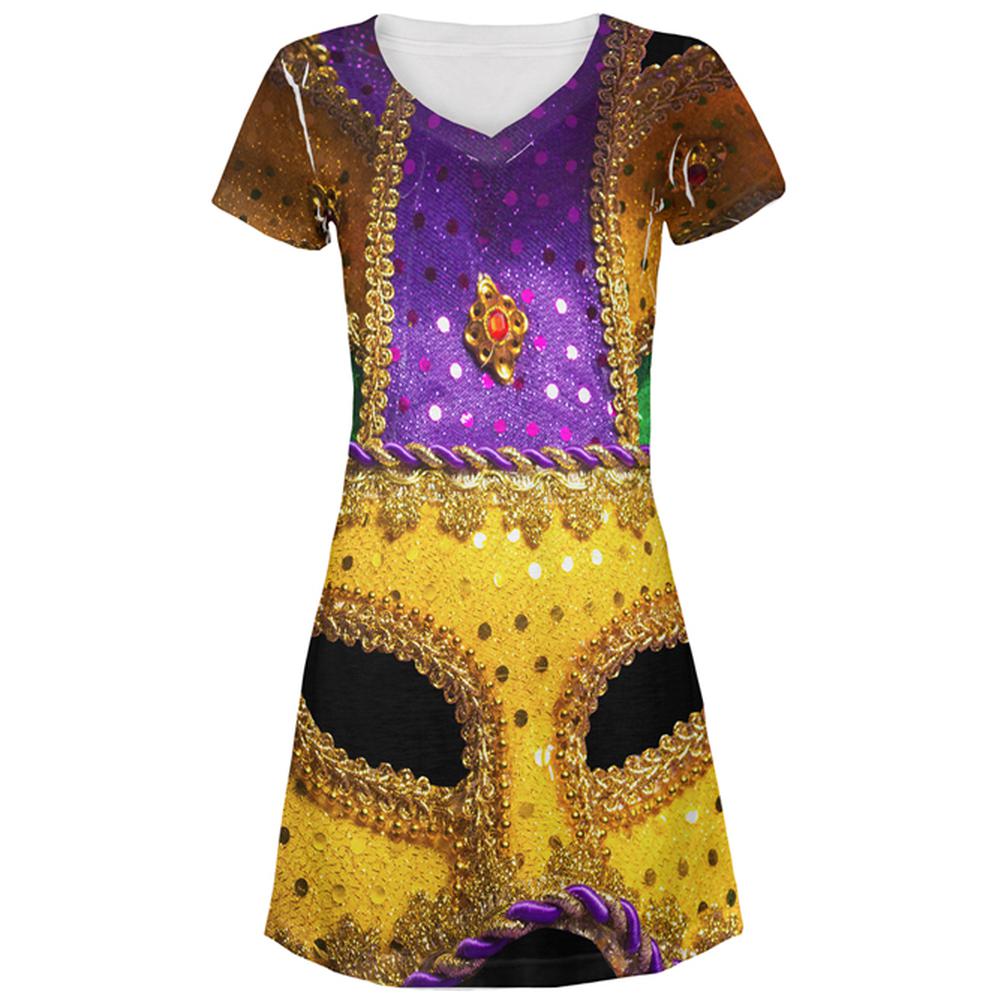 Mardi Gras Mask All Over Juniors Beach Cover-Up Dress Juniors Dresses Old Glory MD Multi