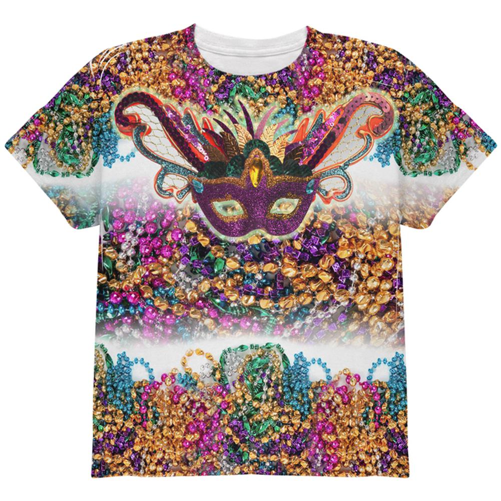 Mardi Gras Trippy Mask Beads All Over Youth T Shirt Youth T-Shirts Old Glory LG Multi