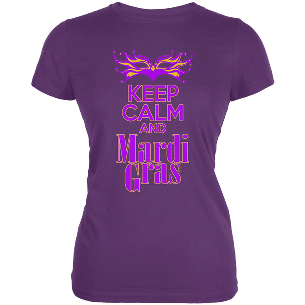 Mardi Gras Keep Calm Juniors Soft T Shirt Juniors T-Shirts Old Glory LG Plum
