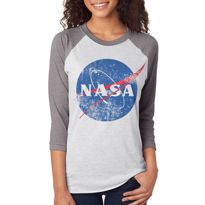NASA Vintage Distressed Logo Unisex Raglan T Shirt Men's T-Shirts Old Glory 2XL Heather White