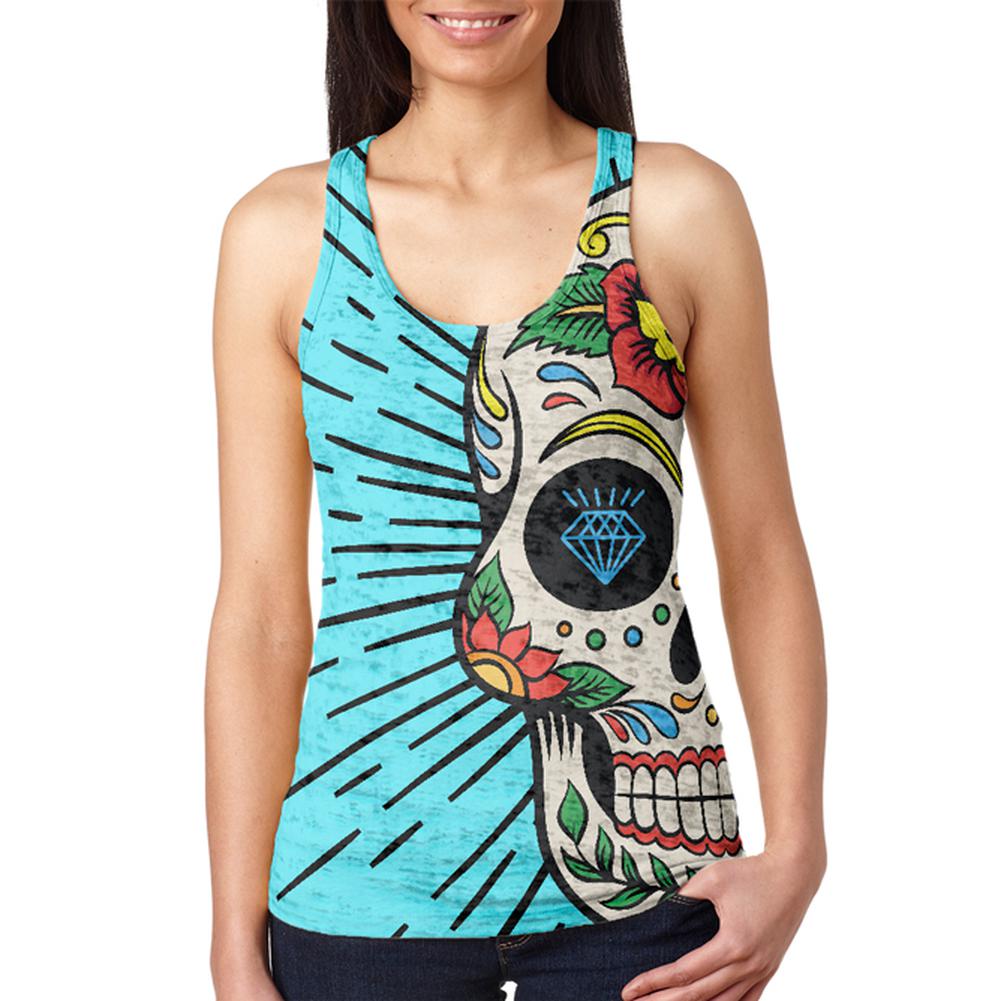 Sugar Skull Juniors Burnout Racerback Tank Top Juniors Tank Tops Old Glory 2XL Multi
