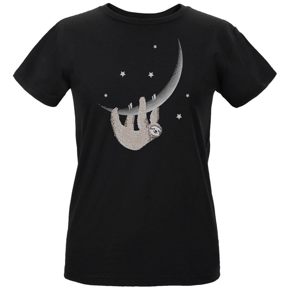 Sloth Hanging from the Moon Crescent Womens Organic T Shirt Women's T-Shirts Old Glory LG Black