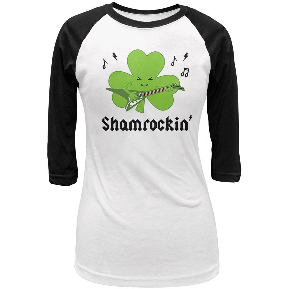 St. Patrick's Day Shamrock Guitar Shamrockin' Juniors 3/4 Sleeve Raglan T Shirt Juniors T-Shirts Old Glory LG White-Black