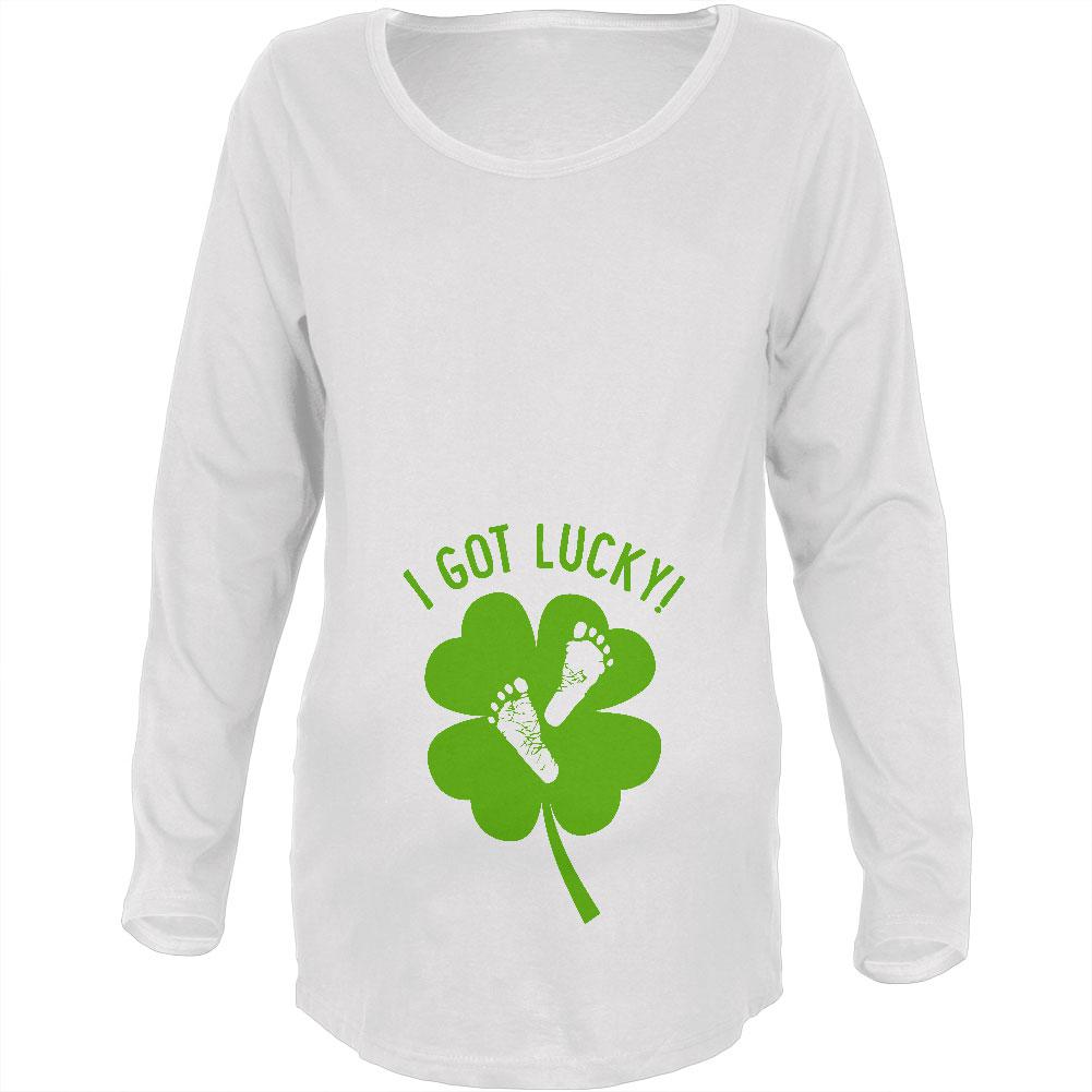 St. Patricks Day I Got Lucky Baby Feet Footprint Maternity Soft Long Sleeve T Shirt Maternity Long Sleeve T-Shirts Old Glory 2XL White