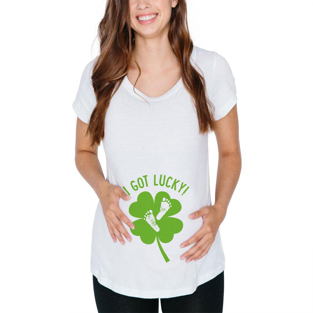 St. Patricks Day I Got Lucky Baby Feet Footprint Maternity Soft T Shirt Maternity T-Shirts Old Glory SM White