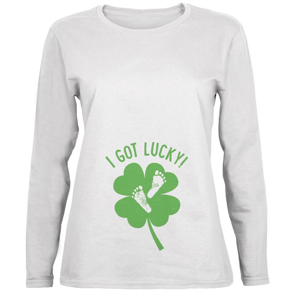 St. Patricks Day I Got Lucky Baby Feet Footprint Ladies' Relaxed Jersey Long-Sleeve Tee Women's Long Sleeves Old Glory 2XL White