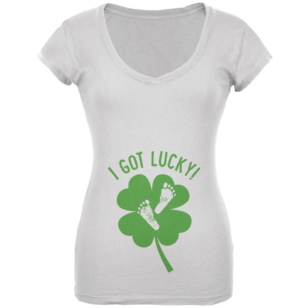 St. Patricks Day I Got Lucky Baby Feet Footprint Juniors V-Neck T Shirt Juniors T-Shirts Old Glory LG White