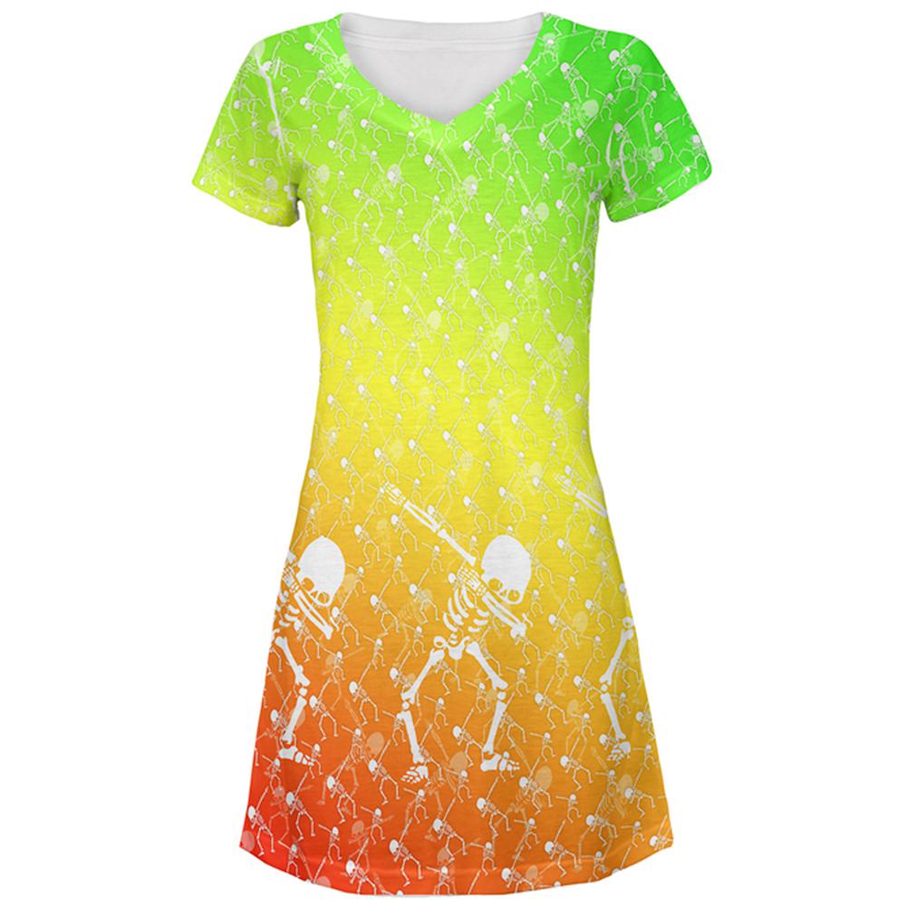 Cinco De Mayo Dancing Dabbing Skeletons All Over Juniors Beach Cover-Up Dress Juniors Dresses Old Glory MD Multi