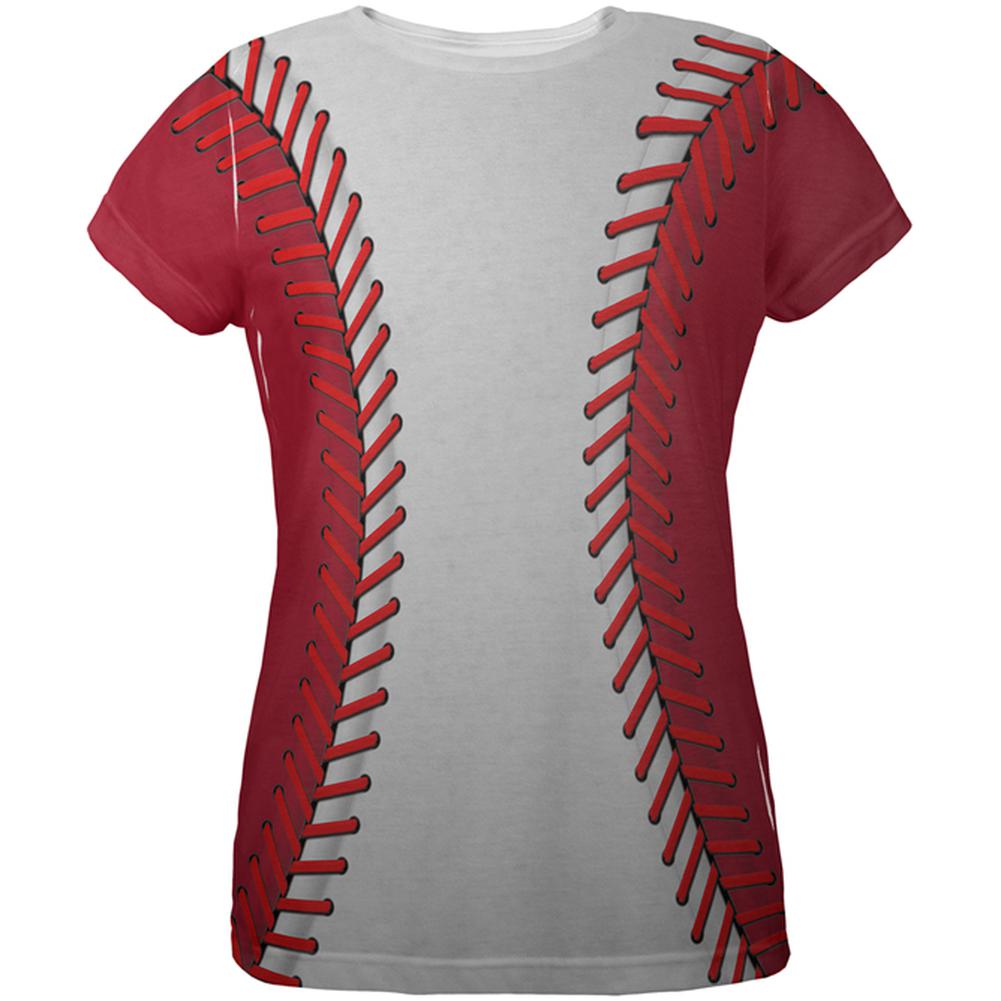 Baseball League White and Red All Over Womens T Shirt Baseballs Old Glory 2XL Multi