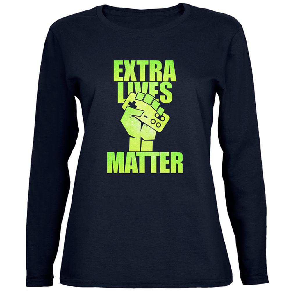 Video Games Extra Lives Matter Womens Long Sleeve T Shirt Women's Long Sleeves Old Glory 2XL Navy
