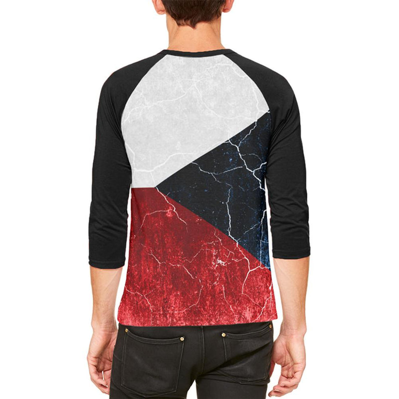 Czech Republic Flag Distressed Grunge Mens Raglan T Shirt Men's T-Shirts Old Glory