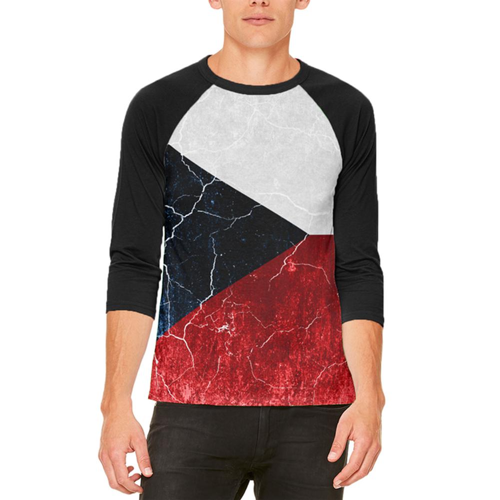 Czech Republic Flag Distressed Grunge Mens Raglan T Shirt Men's T-Shirts Old Glory 2XL White-Black