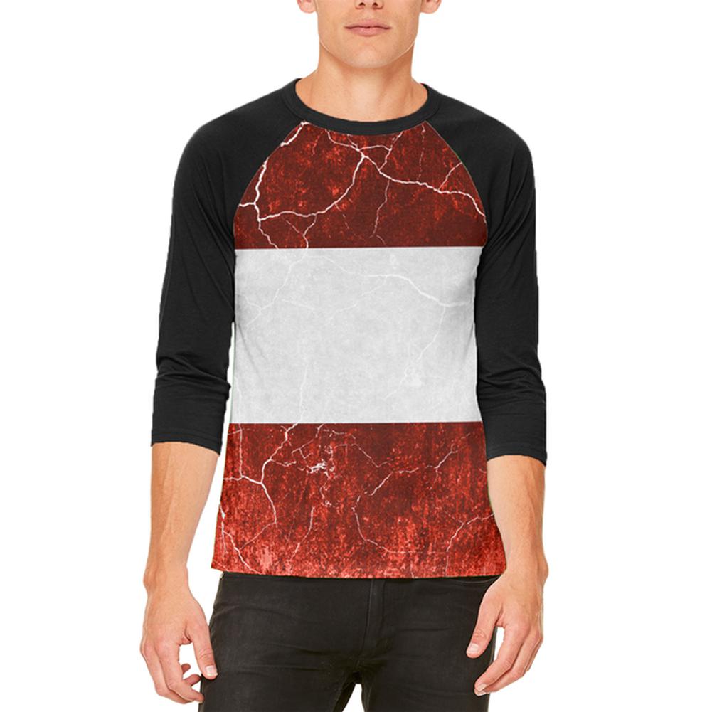 Austrian Flag Distressed Grunge Mens Raglan T Shirt Men's T-Shirts Old Glory 2XL White-Black