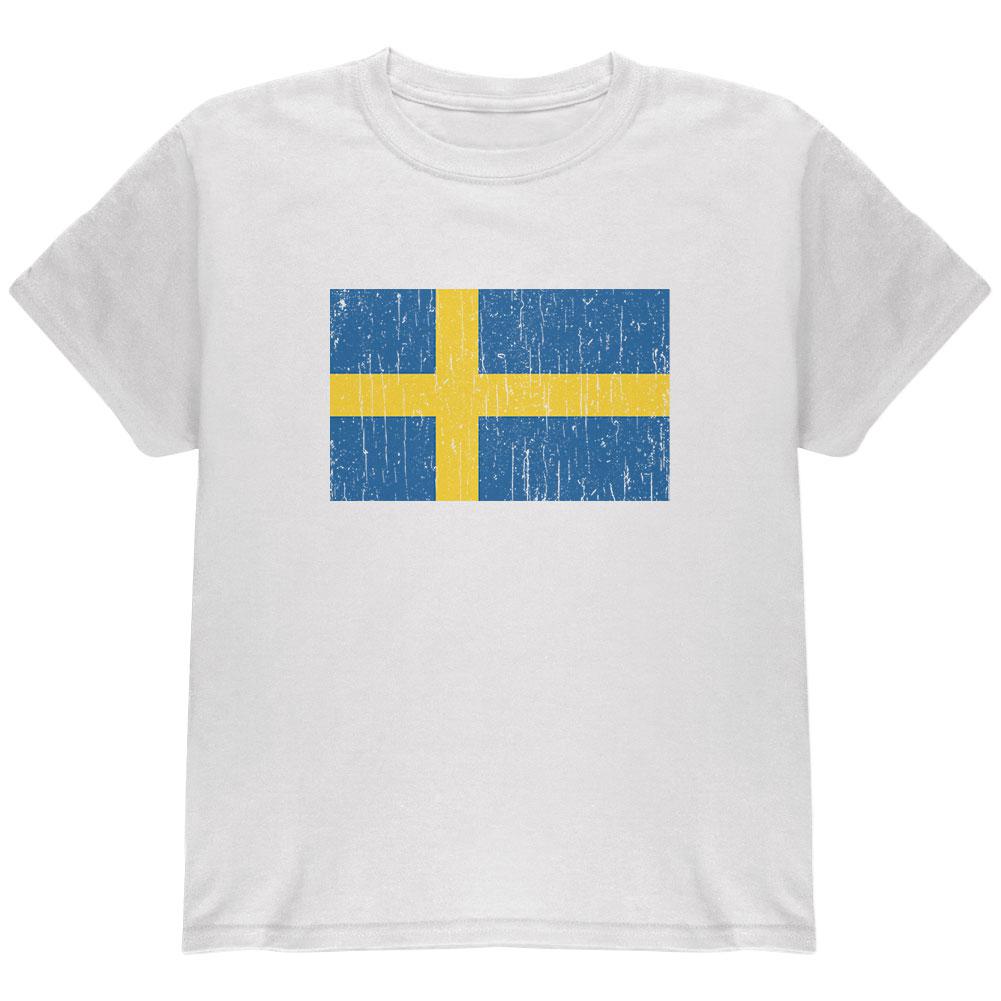 World Cup Distressed Flag Swedish Sweden Youth T Shirt Youth T-Shirts Old Glory LG White