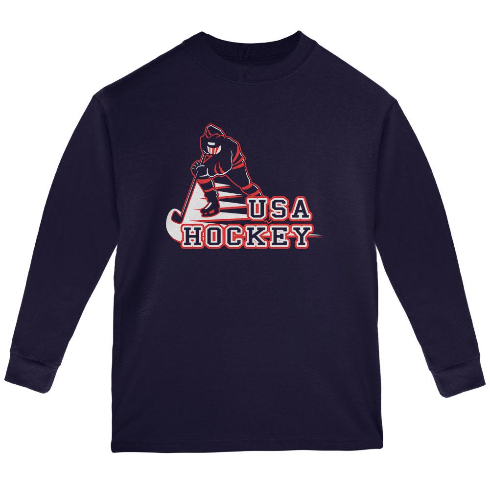 Fast Hockey Player Country USA Youth Long Sleeve T Shirt Youth Long Sleeves Old Glory LG Navy