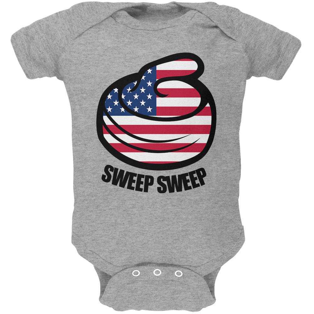 Winter Sports Flag Curling Sweep Sweep USA Soft Baby One Piece Baby One Piece Old Glory 0-3M Heather