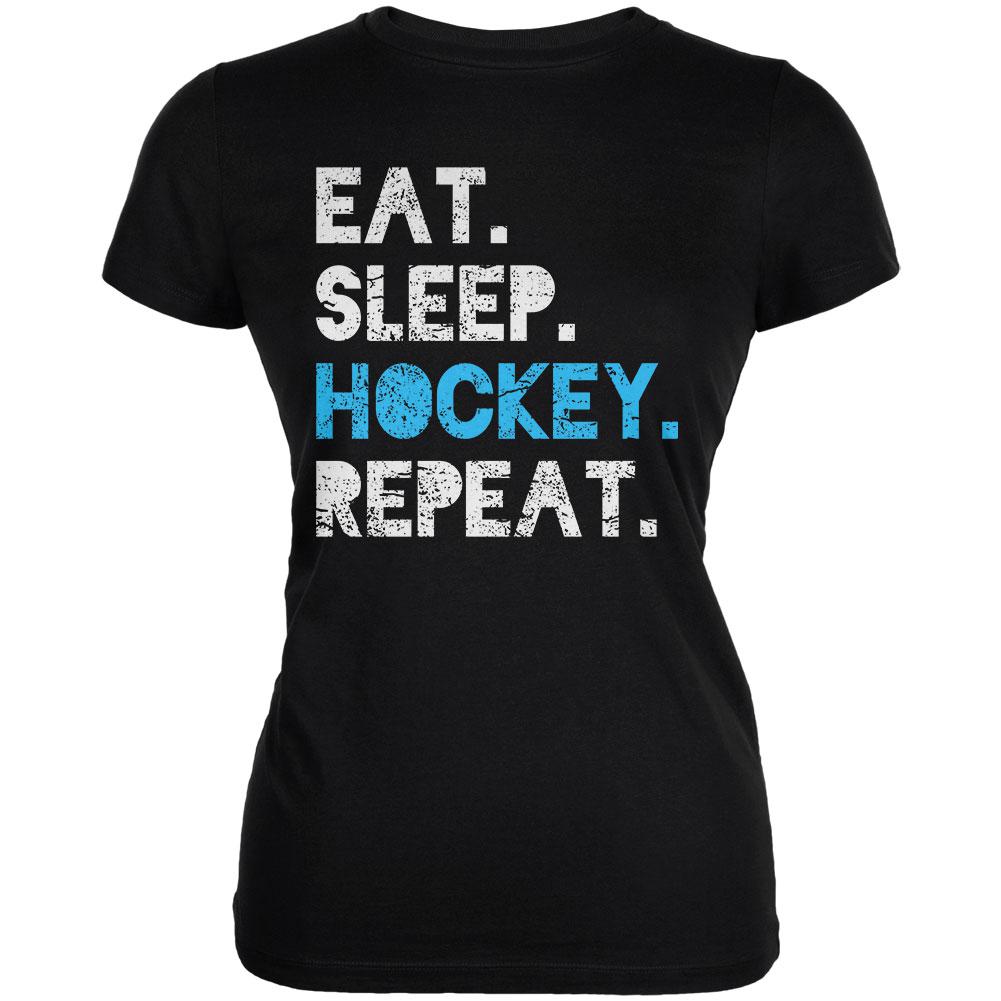 Eat Sleep Repeat Distressed Hockey Juniors Soft T Shirt Juniors T-Shirts Old Glory 2XL Black