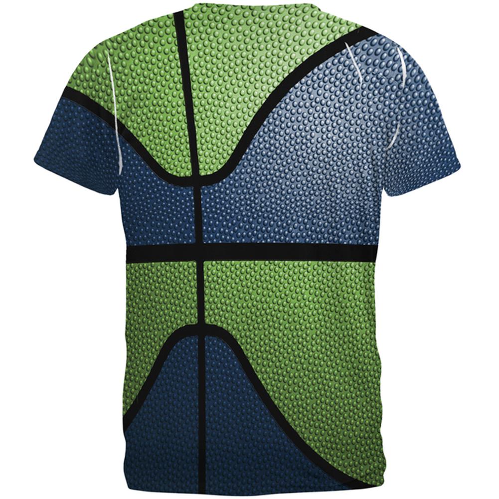 Championship Basketball Dark Blue and Electric Green All Over Mens T Shirt Men's T-Shirts Old Glory