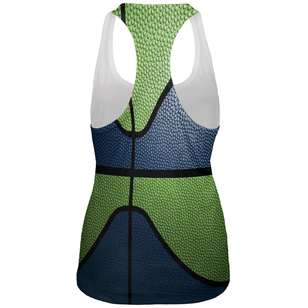 Championship Basketball Dark Blue and Electric Green All Over Womens Work Out Tank Top Women's Tank Tops Old Glory