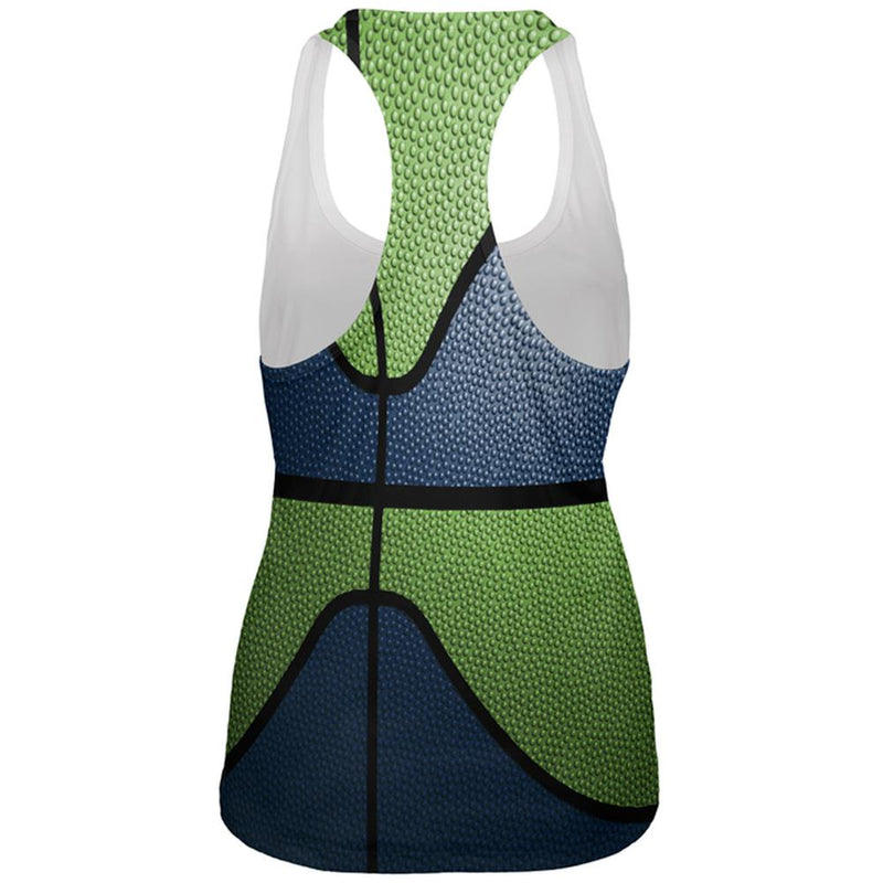 Championship Basketball Dark Blue and Electric Green All Over Womens Work Out Tank Top Women's Tank Tops Old Glory