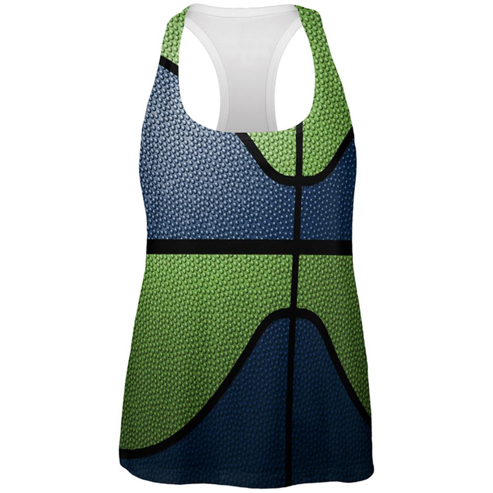 Championship Basketball Dark Blue and Electric Green All Over Womens Work Out Tank Top Women's Tank Tops Old Glory 2XL Multi