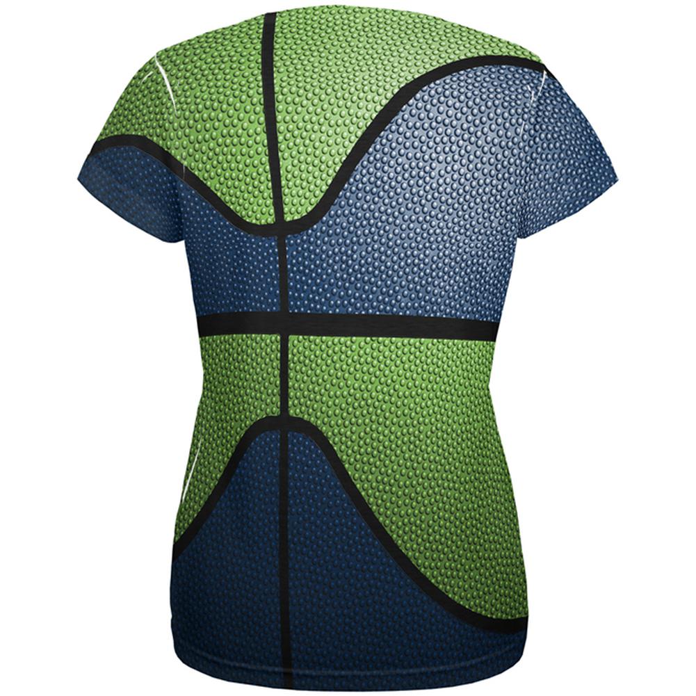 Championship Basketball Dark Blue and Electric Green All Over Womens T Shirt Women's T-Shirts Old Glory