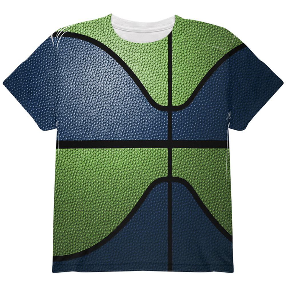 Championship Basketball Dark Blue and Electric Green All Over Youth T Shirt Youth T-Shirts Old Glory LG Multi