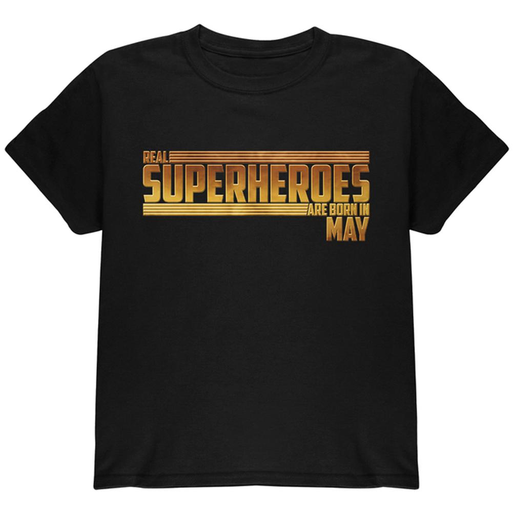Real Superheroes are born in May Youth T Shirt Youth T-Shirts Old Glory LG Black