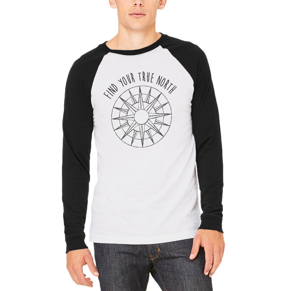 Hiking Outdoors Find Your True North Mens Long Sleeve Raglan T Shirt Men's Long Sleeves Old Glory 2XL White-Black