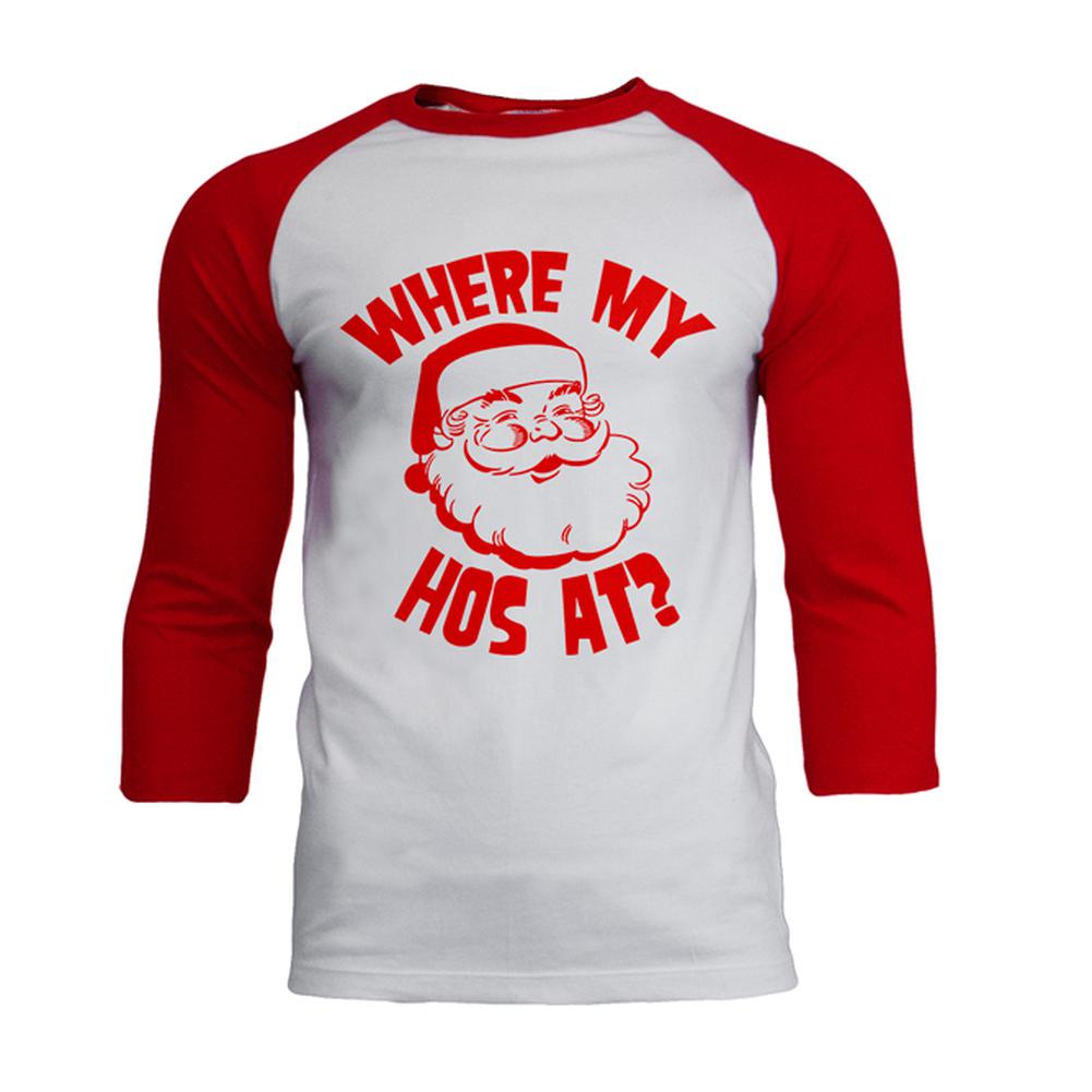 Christmas Where My Hos At? Mens Soft Raglan T Shirt Men's T-Shirts Old Glory 2XL White-Red