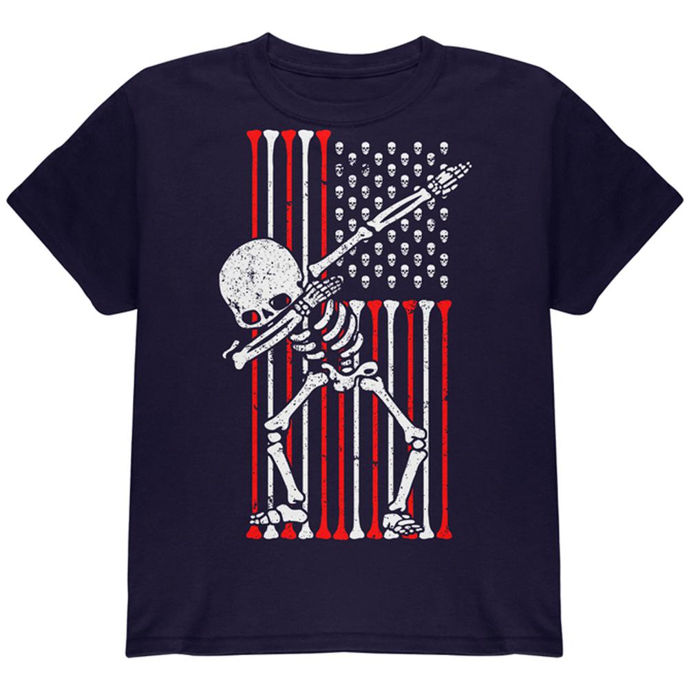 4th of July Dabbing Skeleton American Flag Skulls Youth T Shirt Youth T-Shirts Old Glory LG Navy