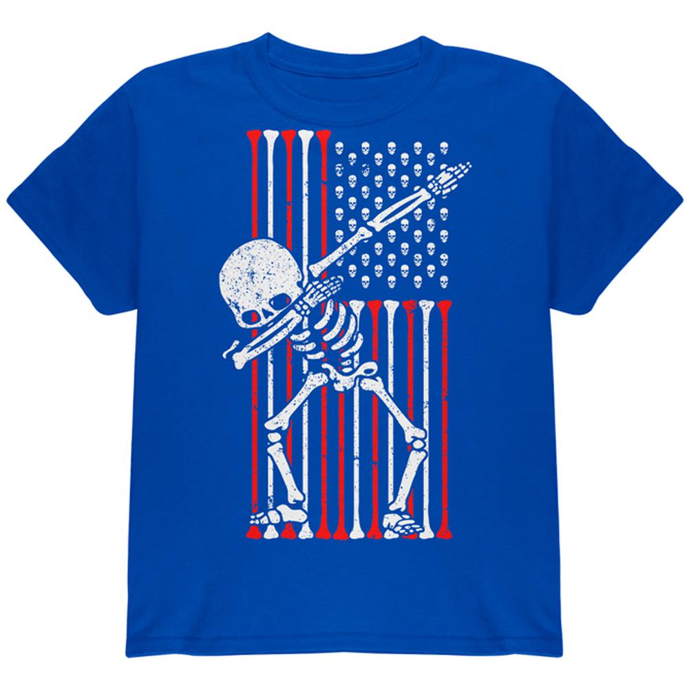 4th of July Dabbing Skeleton American Flag Skulls Youth T Shirt Youth T-Shirts Old Glory LG Royal
