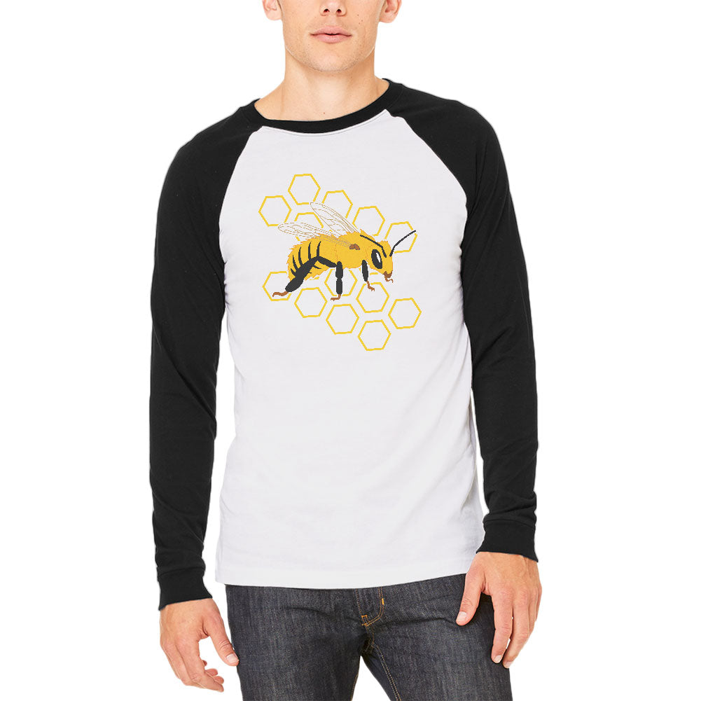 Honey Bee Honeycomb Outline Mens Long Sleeve Raglan T Shirt Men's Long Sleeves Old Glory 2XL White