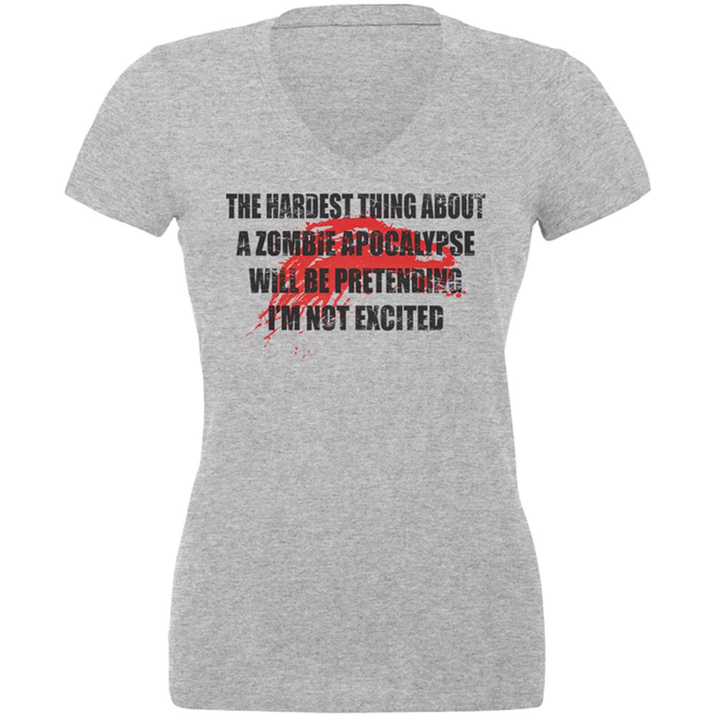Hardest Thing About Zombie Apocalypse Juniors V-Neck T Shirt Juniors T-Shirts Old Glory 2XL Heather