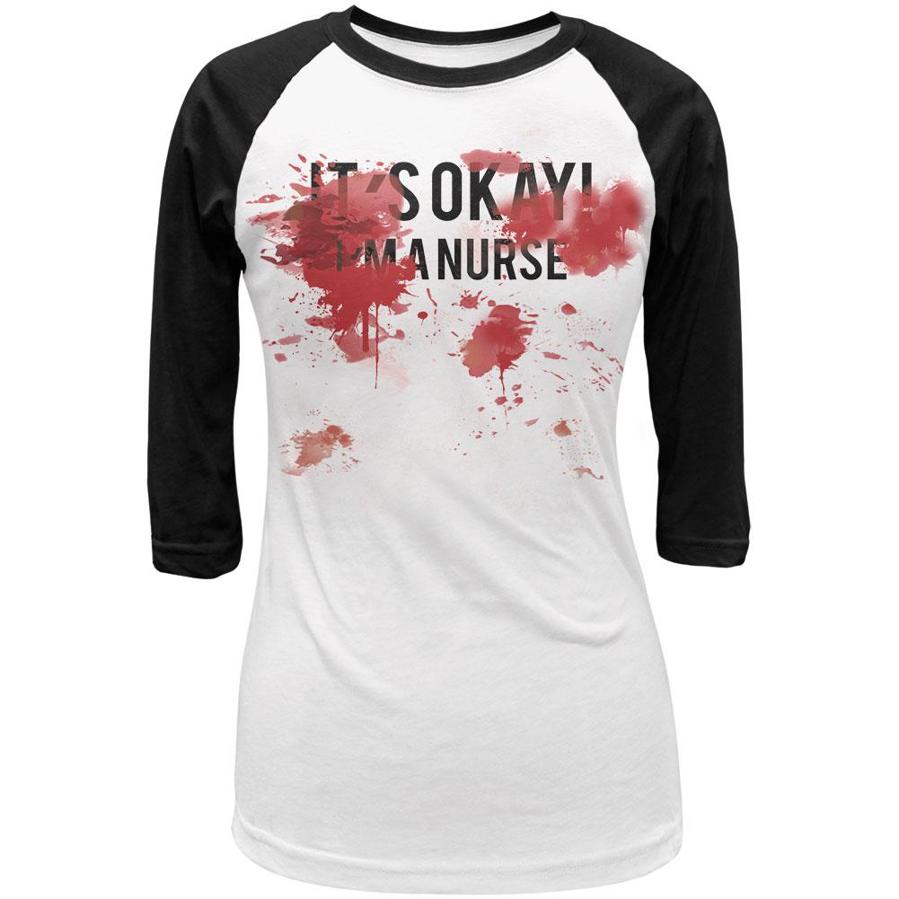 Blood Splatter It's Okay I'm A Nurse Juniors 3/4 Sleeve Raglan T Shirt Juniors T-Shirts Old Glory LG White-Black