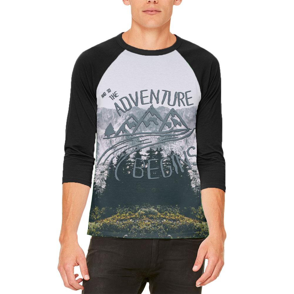 Hiking Mountains So The Adventure Begins Mens Raglan T Shirt Men's T-Shirts Old Glory 2XL White-Black