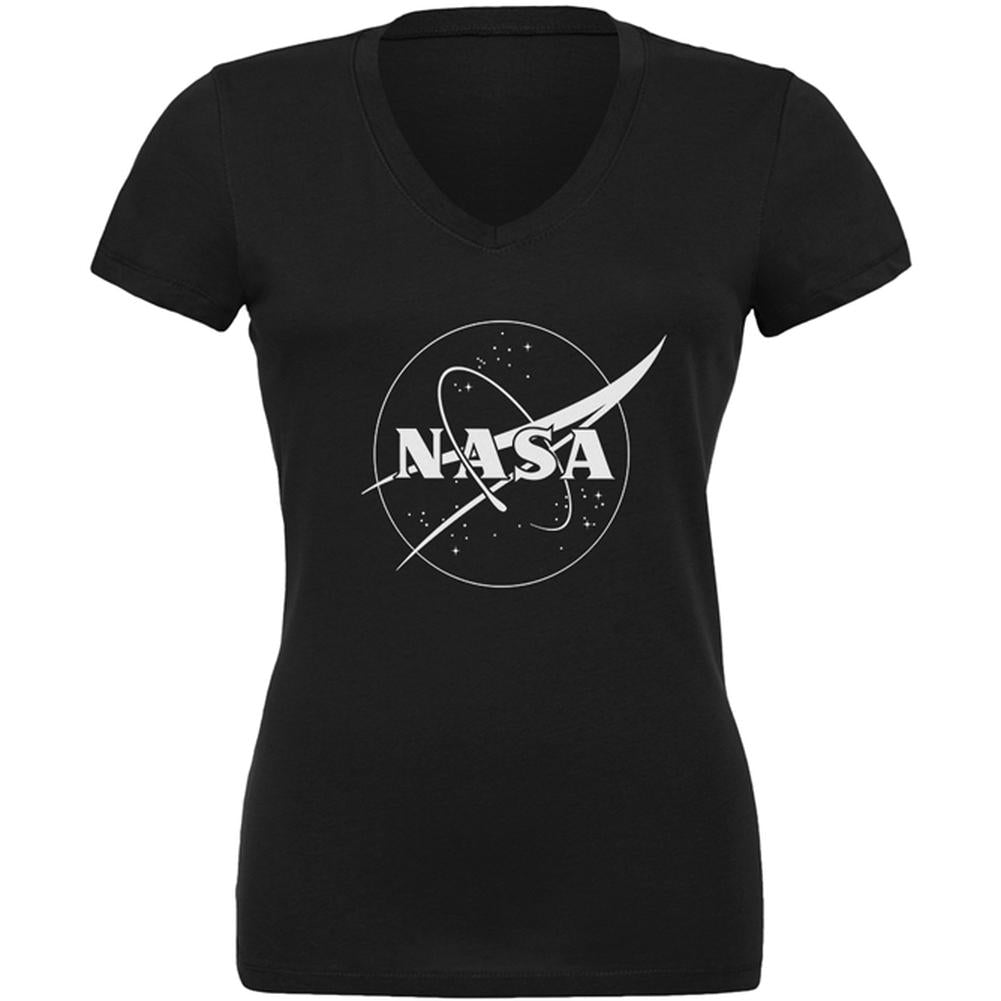 NASA Outline Logo Juniors V-Neck T Shirt Juniors T-Shirts NASA LG Black