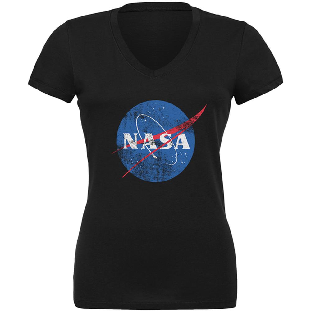 NASA Distressed Logo Juniors V-Neck T Shirt Juniors T-Shirts NASA LG Black