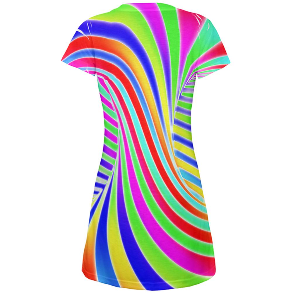 Rainbow Trippy Swirl All Over Juniors Beach Cover-Up Dress Juniors Dresses Old Glory