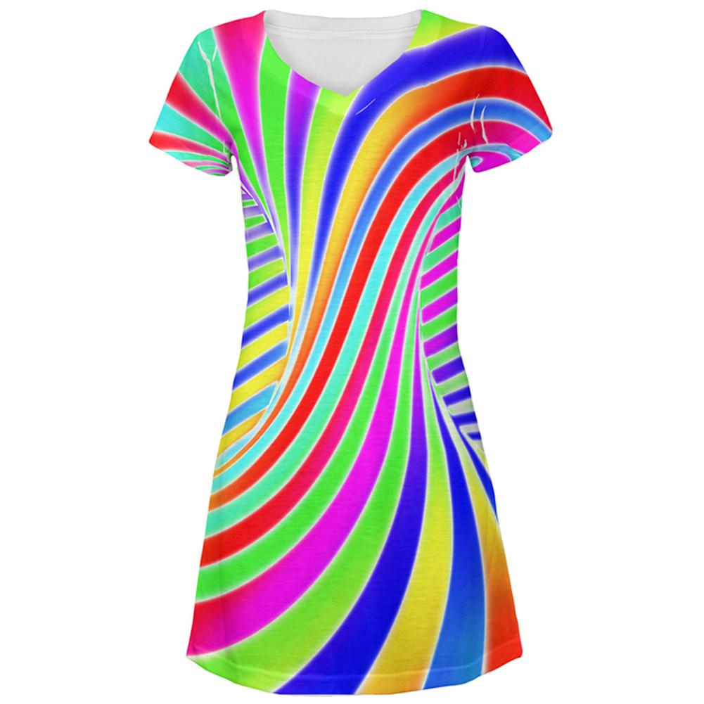 Rainbow Trippy Swirl All Over Juniors Beach Cover-Up Dress Juniors Dresses Old Glory MD Multi