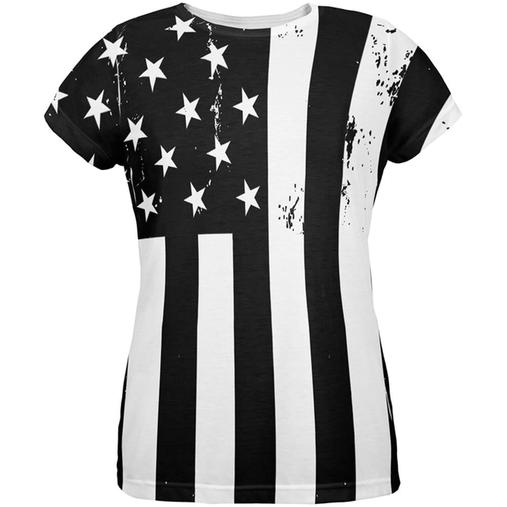 Black and White American Flag All Over Womens T Shirt Women's T-Shirts Old Glory 2XL Multi