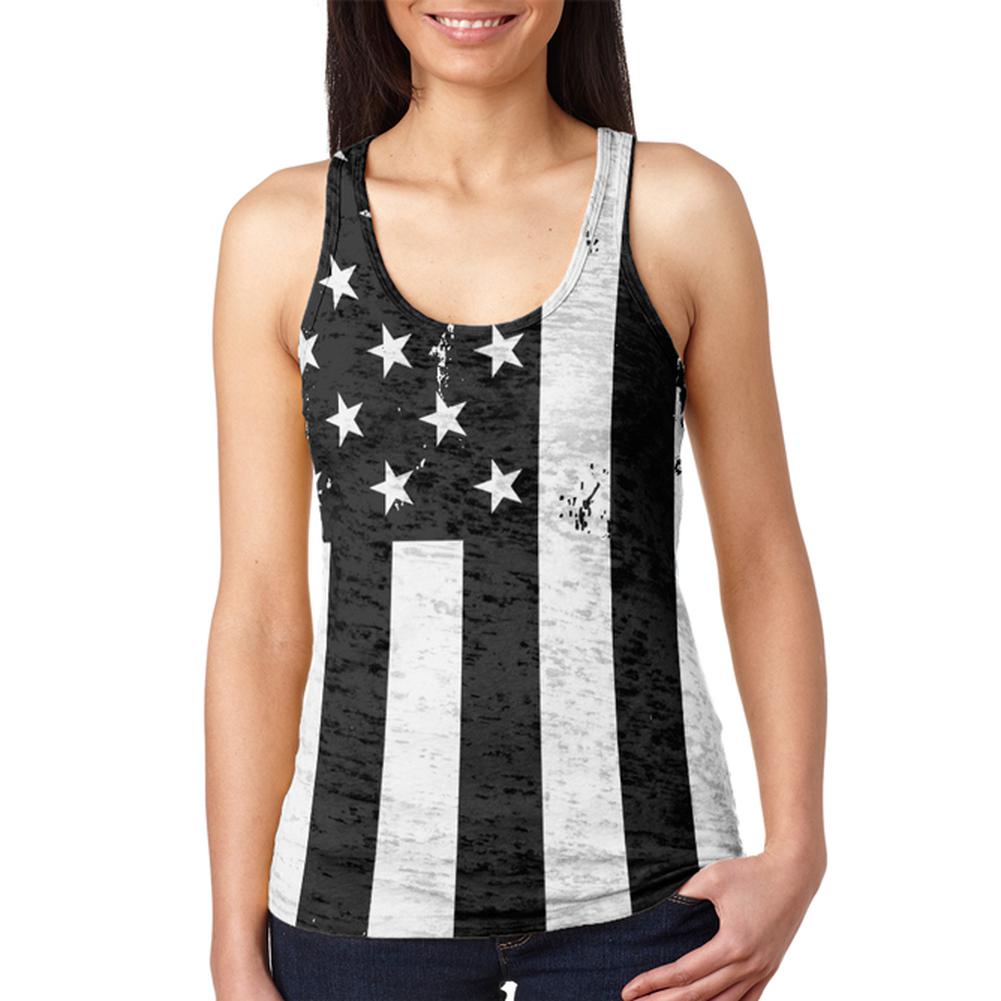 Black and White American Flag Juniors Burnout Racerback Tank Top Juniors Tank Tops Old Glory 2XL Multi