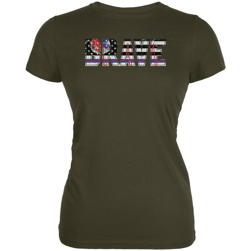 Brave EMT Firefighter Thin Red Blue Line Flag Juniors Soft T Shirt Juniors T-Shirts Old Glory 2XL Army
