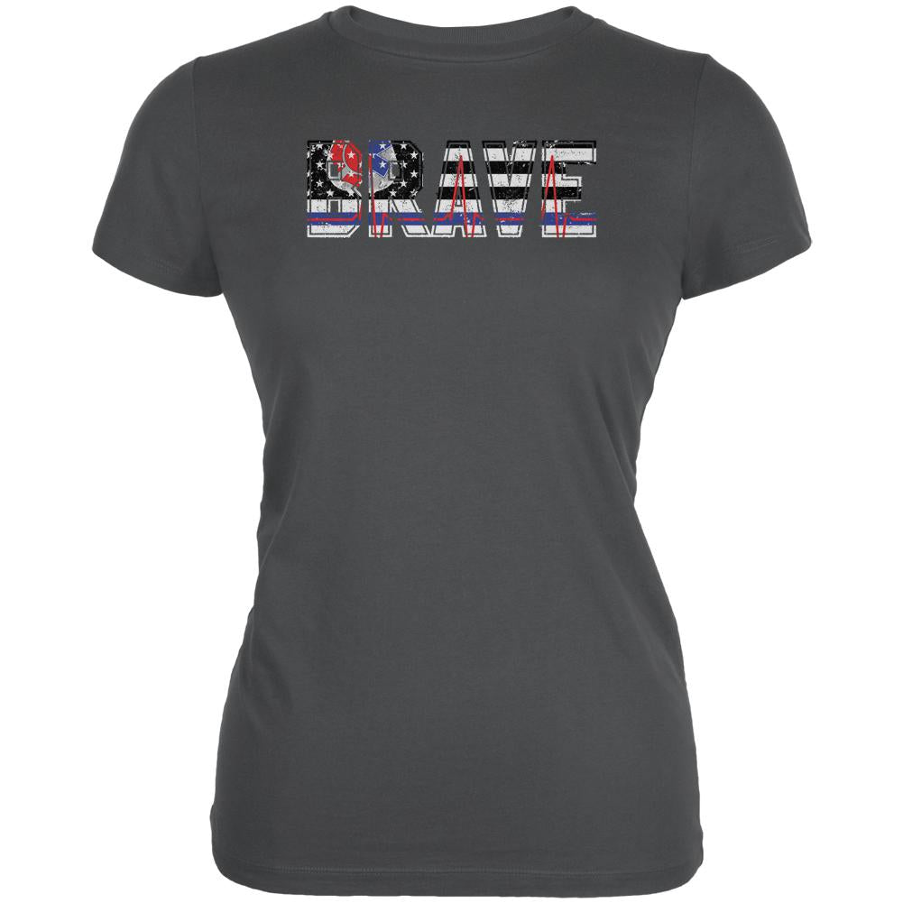 Brave EMT Firefighter Thin Red Blue Line Flag Juniors Soft T Shirt Juniors T-Shirts Old Glory 2XL Asphalt