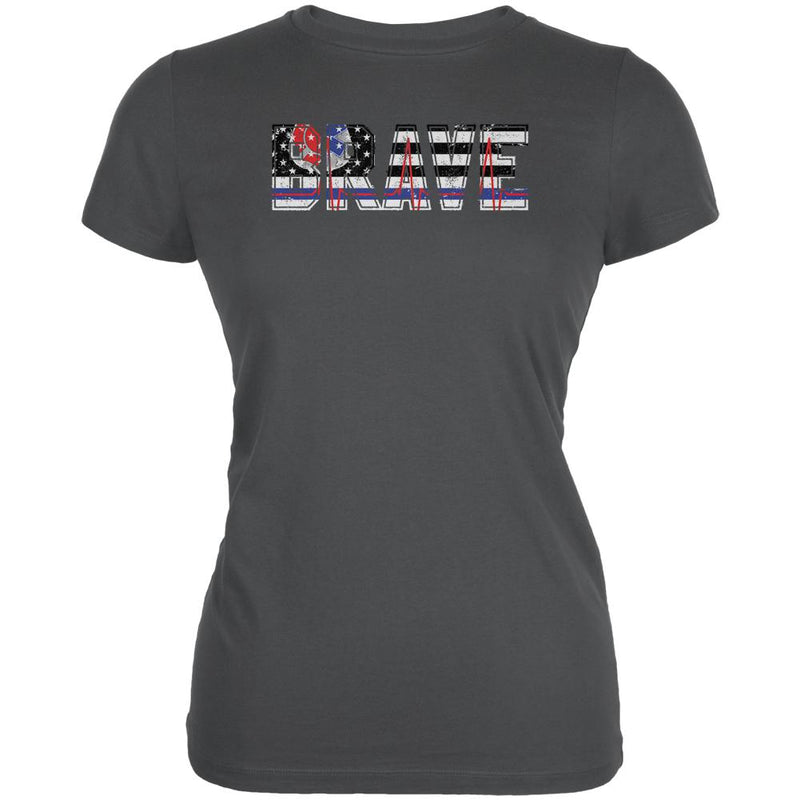 Brave EMT Firefighter Thin Red Blue Line Flag Juniors Soft T Shirt Juniors T-Shirts Old Glory 2XL Asphalt