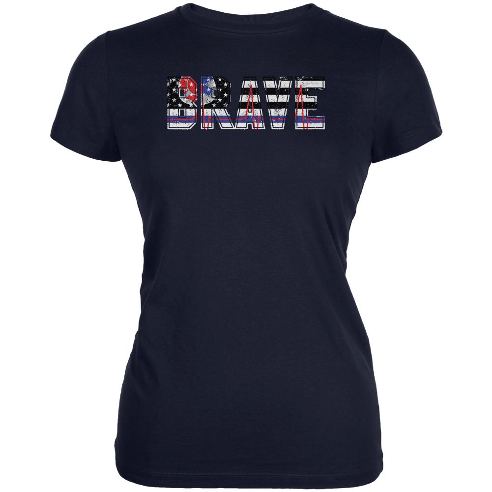 Brave EMT Firefighter Thin Red Blue Line Flag Juniors Soft T Shirt Juniors T-Shirts Old Glory 2XL Navy