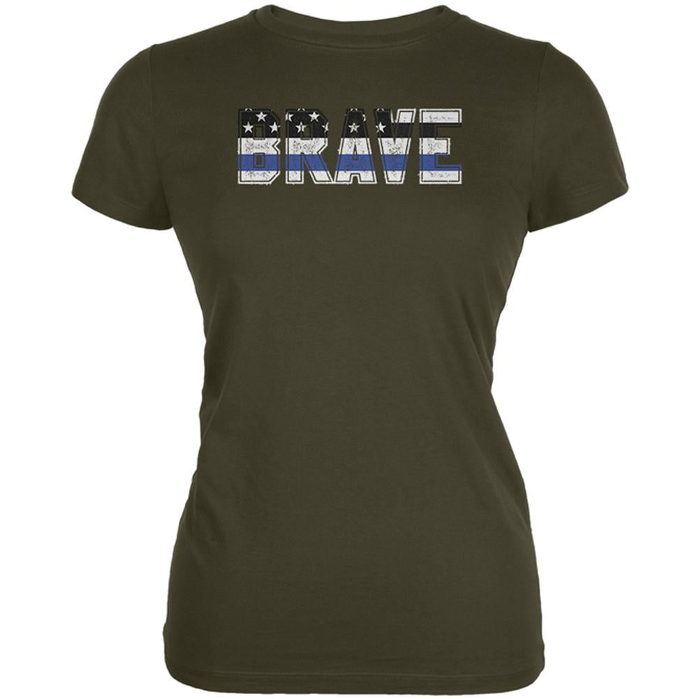Brave Police Thin Blue Line Flag Juniors Soft T Shirt Juniors T-Shirts Old Glory 2XL Army